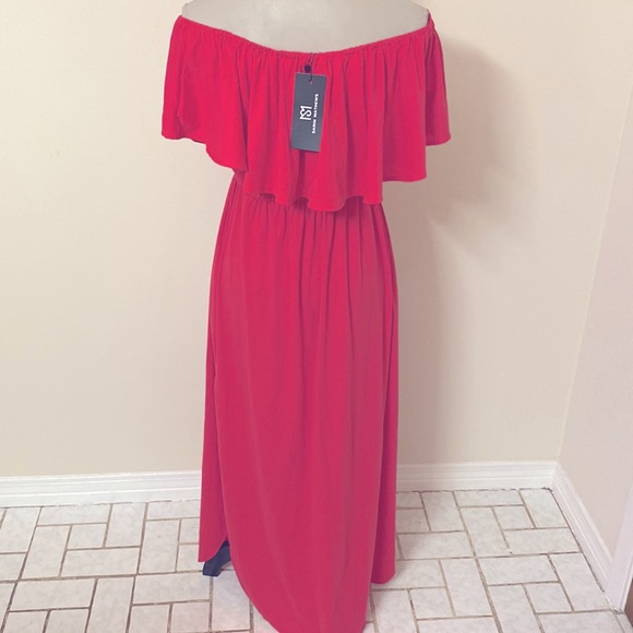 WOMENS OFF THE SHOULDER RUFFLE DRESS Size med SIDE SPLIT MAXI DRESS WITH POCKETS - Picture 3 of 14